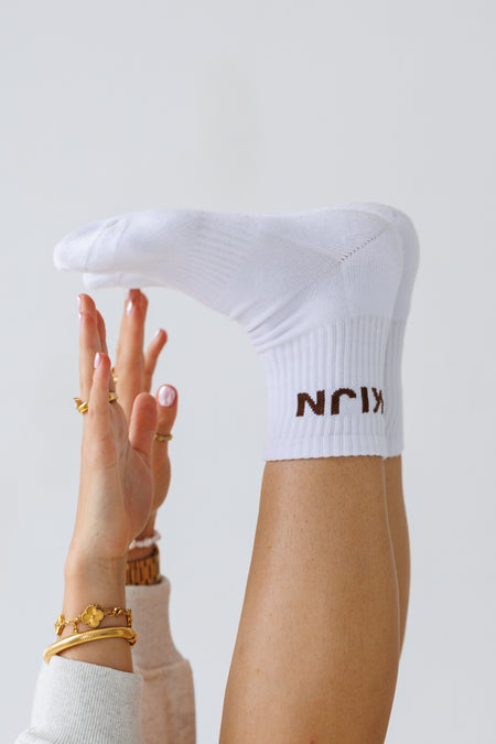Lightweight everyday socks styled with coffee leggings, KIJN