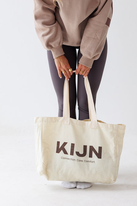 Everyday unaltered neutral tote bag with second skin leggings, KIJN