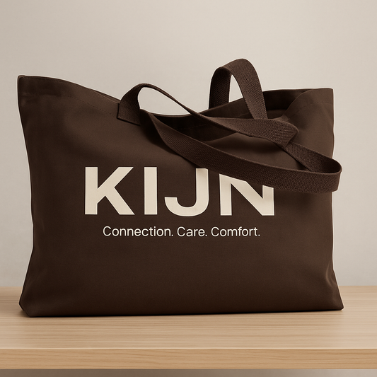 Unaltered chocolate tote bag styled with womens soft leggings, KIJN