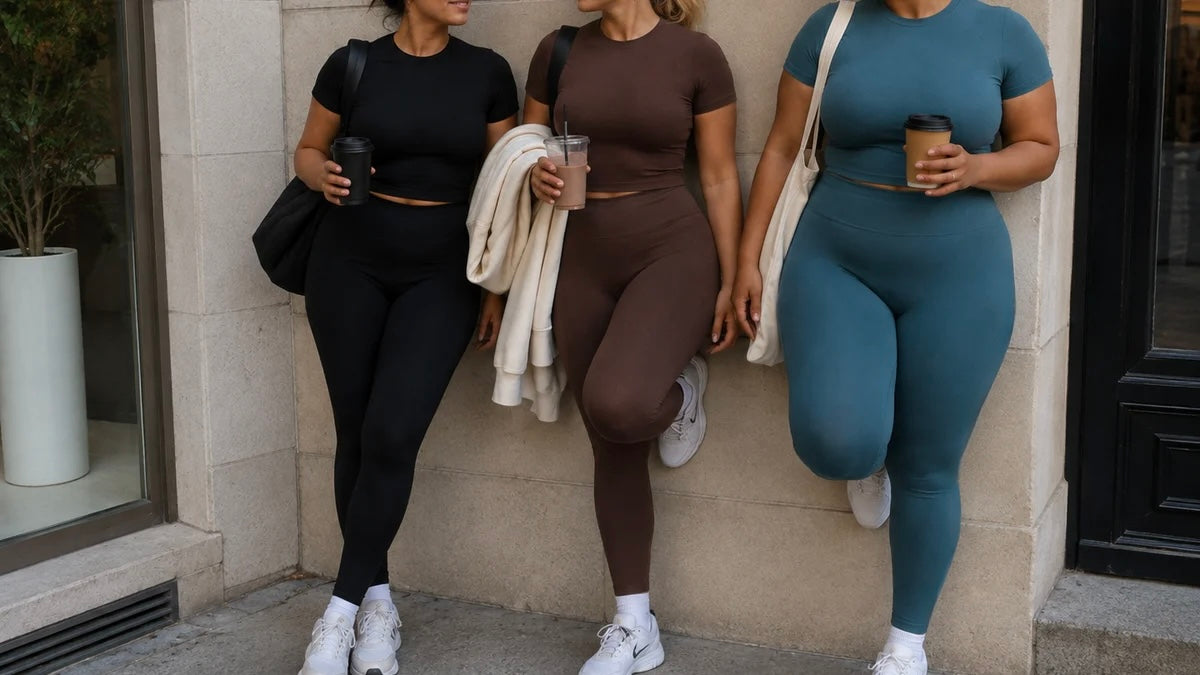 Five women wearing coordinated KIJN activewear in a warm neutral studio.