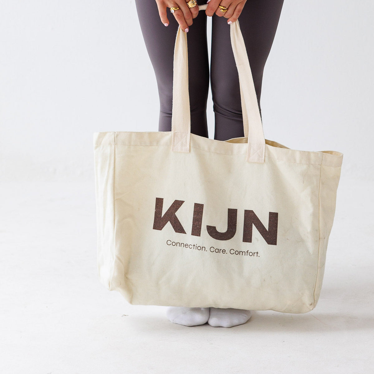 Everyday unaltered neutral tote bag with second skin leggings, KIJN
