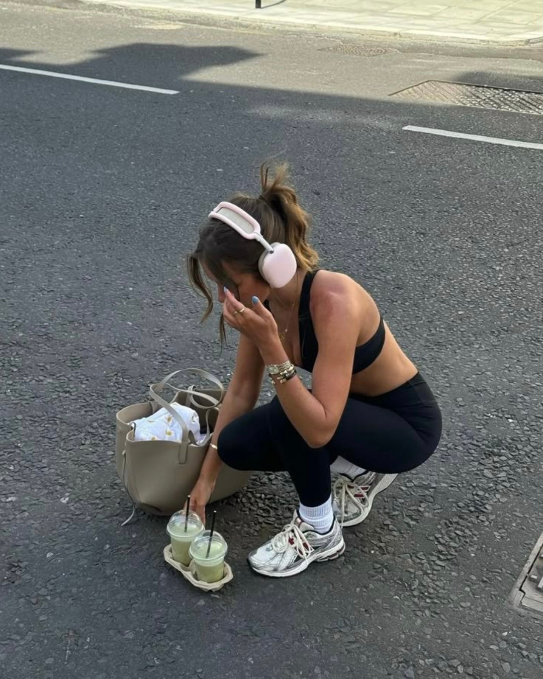 wearing a black sports bra and second skin unaltered leggings. not another version