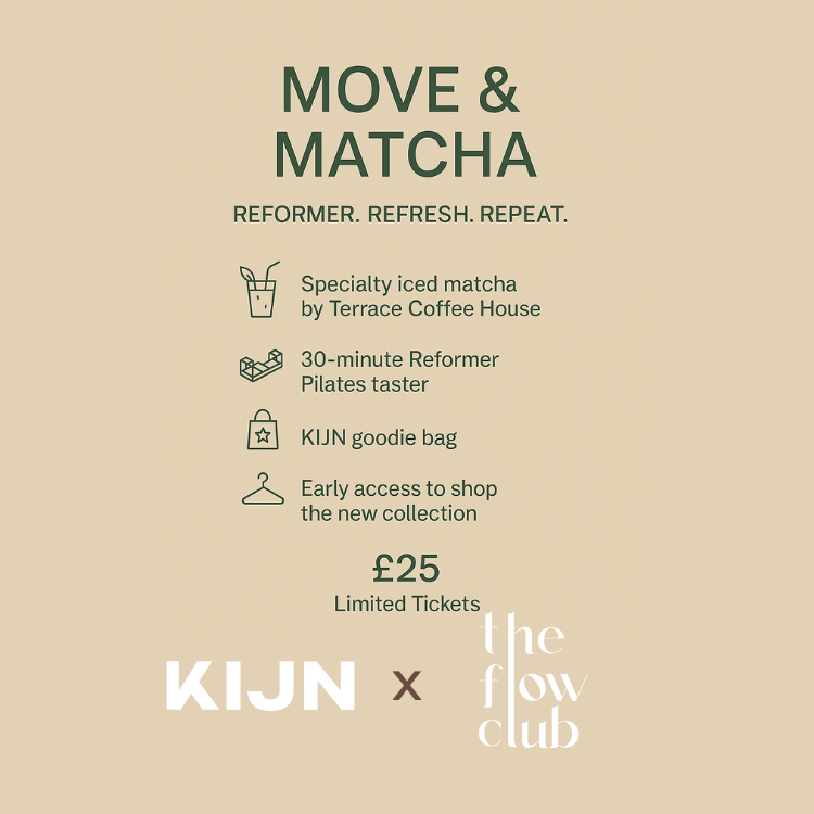 Promotional flyer for a partnership between KIJN and The Flow Club featuring matcha and reformer activities.